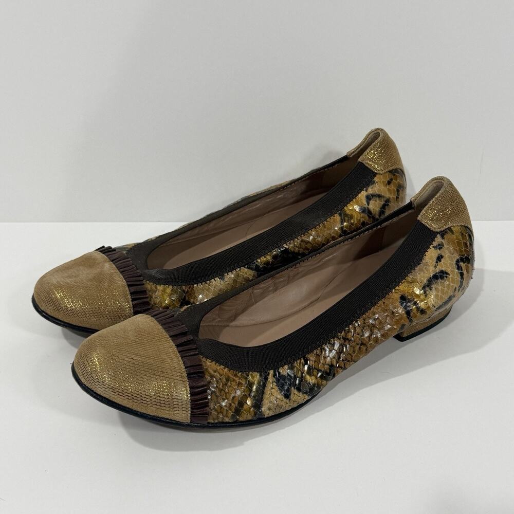 Anyi Lu Italy Leather Ballet Flats 36 Snakeskin Metallic Gold Cap Toe Shoes